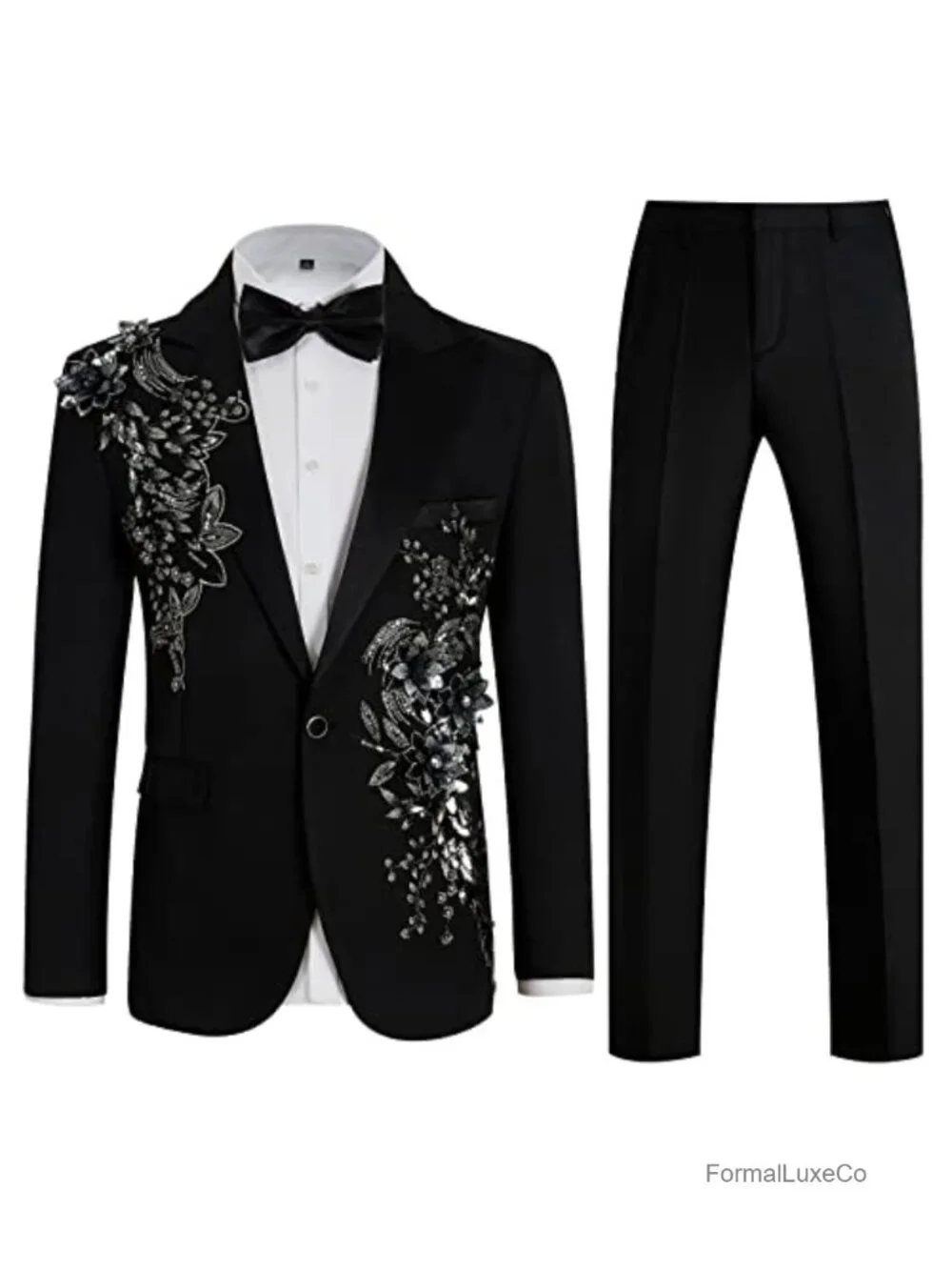 Slim Fit 2 Piece Formal Tuxedo Suit Blazer Pants with Bow Tie for Wedding Prom